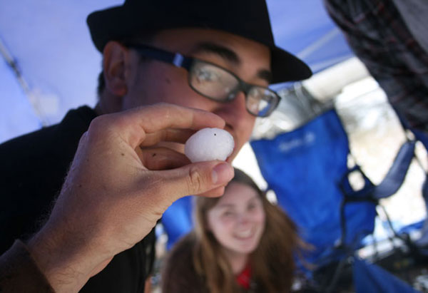 A piece of hail from the crazy storm that delayed the racing